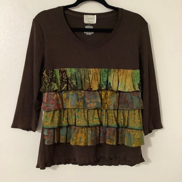 Dorothy's Creations Brown Multicolor Boho Earthy Artsy Hippie Fairy Ruffle Top L - Picture 1 of 12